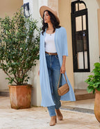 Ekouaer Robes for Women Long Knit Bathrobe Lightweight 3/4 Sleeves Kimono Robe Soft Sleepwear with Pockets S-XXL