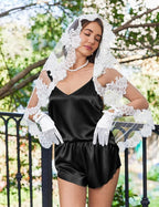 Ekouaer Satin Pajama Set for Women, Backless Silk Lingerie Pjs Back Tie-up Camisole Top and Shorts with Ruffle Sleepwear