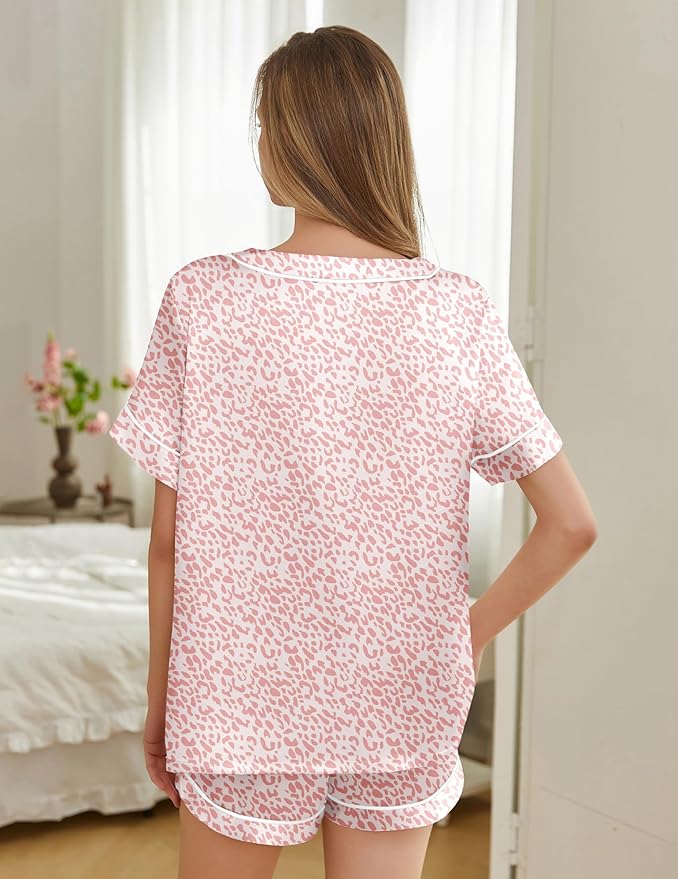 Silk Pajamas for Women Short Sleeve Satin 2 Piece Pj Set Soft V Neck Sleepwear Loungewear, S-XXL