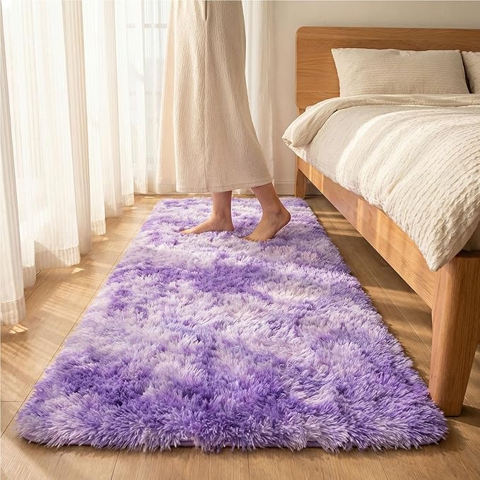 duduta Purple Plush Runner Rugs for Bedroom 2x6 ft, Tie Dye Fluffy Shag Rug for Dorm Nursery Bedside, Machine Washable Non Slip