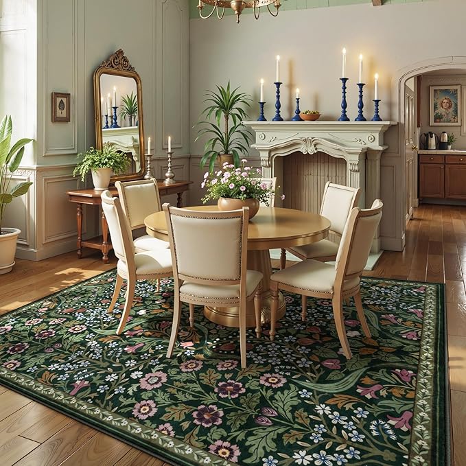 Lahome Claude Floral 8x10 Green Living Room Rugs, Large Washable Area Rug for Bedroom Rubber Backed, Botanical Thin Stain-Resistant Carpet for Dining Room Under Table, Kids Room, Nursery