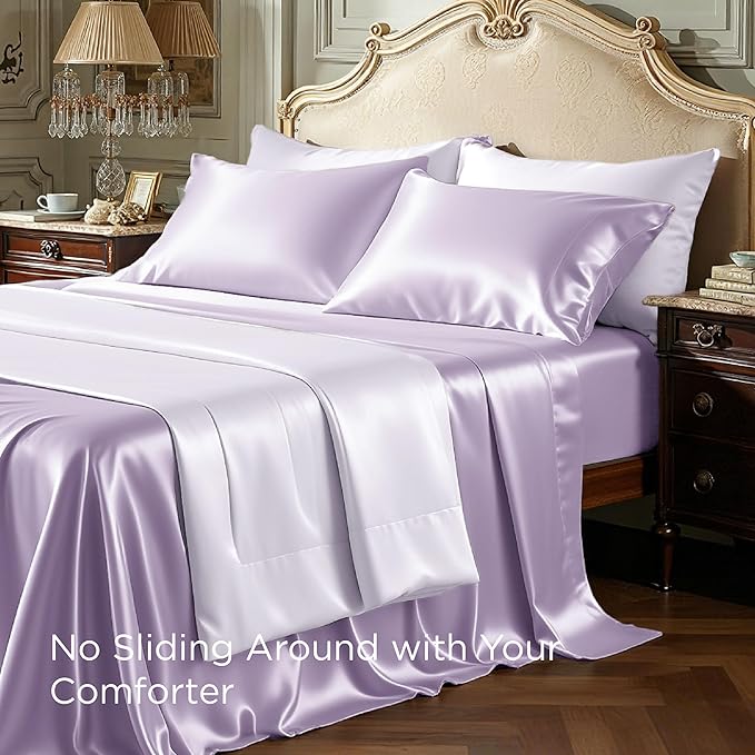 Bedsure Satin Sheets Full Size - 4 Piece Silky Bedsheets with 15 Inches Deep Pocket Fitted Bedsheet,1 Flat Sheet, 2 Satin Pillowcases, Good for Hair & Skin (Full, Lavender)