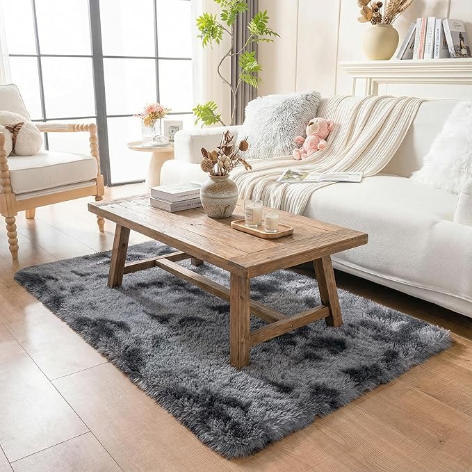 duduta Grey Plush Rugs for Bedroom 3x5 ft, Tie Dye Fluffy Gray Shag Rug for Dorm Nursery Bedside, Machine Washable Non Slip