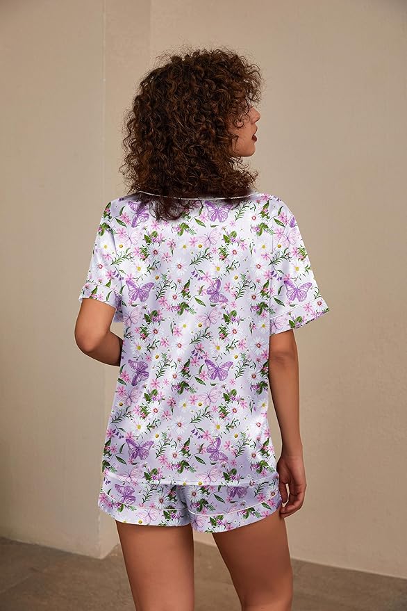 Ekouaer Silk Pajama for Women Short Sleeve Satin Pj Set Two Piece Soft Sleepwear Loungewear, S-XXL