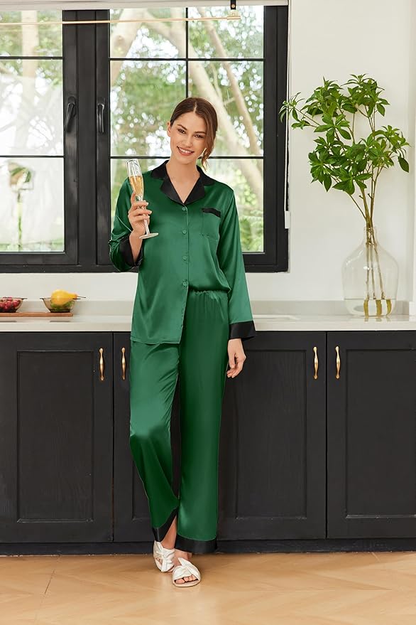 Ekouaer Silk Pajamas for Women Long Sleeve Satin Pajama Set Silky Pj Sets 2 Piece Button Down Loungewear Sleepwear