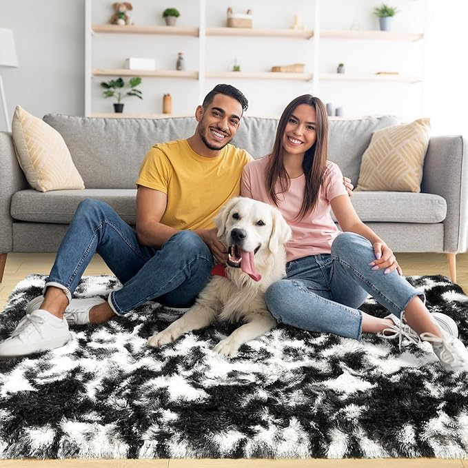Noahas Fluffy Bedroom Rug,3x5 Feet Plush Fuzzy Tie-Dyed Black and White Area Rugs for Living Room, Non Slip Thick Soft Shaggy Nursery Furry Floor Dorm Kids Carpet