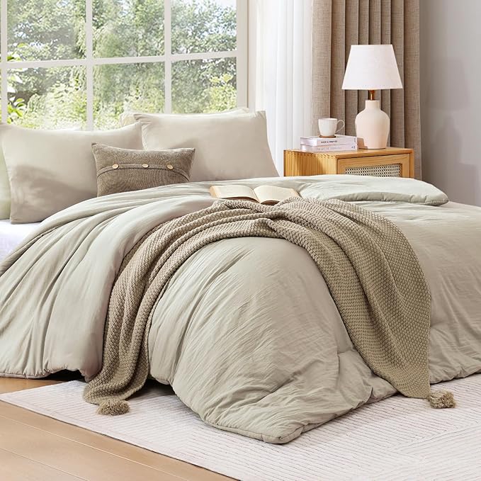 WRENSONGE Oversized Queen Comforter Set - 3 Pieces Prewashed Light Oatmeal Comforter Soft Lightweight for All Seasons,Down Alternative Comforters Oversized Queen Size with 2 Pillow Shams