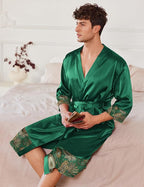 Ekouaer Mens Satin Robe Lightweight Silky Kimono Bathrobe 3/4 Sleeve Spa Knee Length Loungewear with Pockets S-3XL