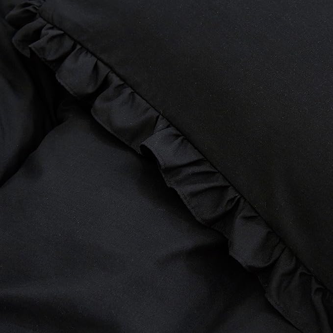 CLOTHKNOW Black Ruffle California King Comforter Set 3Pcs Bedding Comforter Sets Farmhouse Shabby Chic Comforter with 2 x Pillow Cases