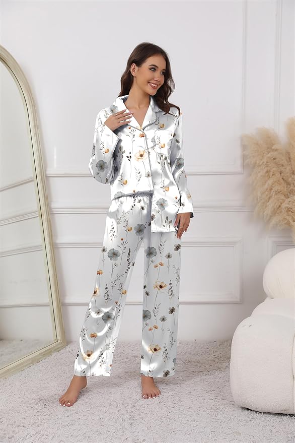 Ekouaer Pajamas For Women Set Silk Pjs 2 Piece Satin Sleepwear Long Sleeve Button Down Lounge Sets With Pant