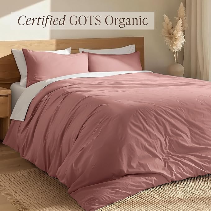 Bare Home 100% Organic Cotton Full Duvet Cover Set - Crisp Percale Weave - Lightweight & Breathable - Cooling Duvet Cover Set (Full, Dusty Rose)