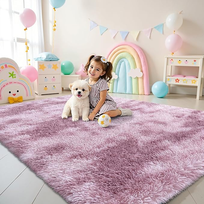 OLANLY Area Rugs for Living Room Bedroom, Machine Washable 4x5.9 Feet Soft Fluffy Shaggy Bedside Rug, Indoor Floor Carpet for Kids Girls and Boys, Dorms, Home Decor Aesthetic, Dusty Pink Tie-dye