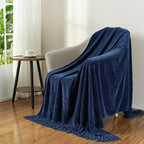 Chenille Throw Blanket for Couch with Tassels,60"X80" Soft Cozy Lightweight Knitted Boho Decorative Blankets for Bed and Sofa,Navy Blue