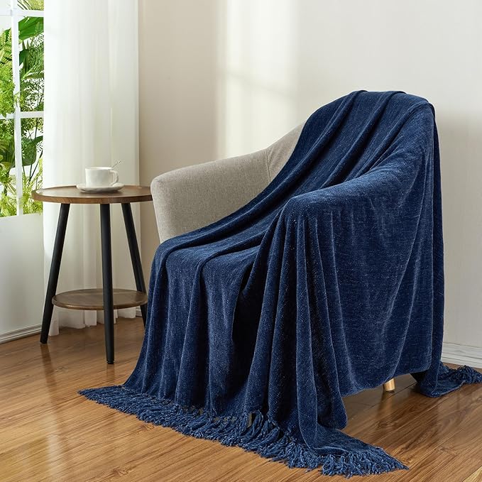 Chenille Throw Blanket for Couch with Tassels,50"X60" Soft Cozy Lightweight Knitted Boho Decorative Blankets for Bed and Sofa,Navy Blue
