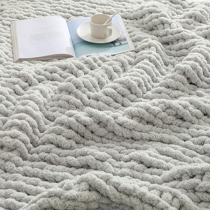 bearberry Chunky Knit Throw Blanket 60x80 Inches Handmade, Soft Jumbo Chenille Yarn with Cable Rope Knot Design | Thick Cozy Large Blanket for Couch, Sofa, Bed & Living Room Home Decor | Light Grey