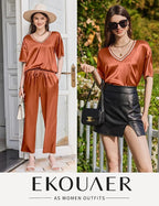 Ekouaer Satin Pajama Set for Women Short Sleeve Silky Pjs 2 Piece Lounge Sets Soft Comfy Sleepwear Loungewear S-XXL