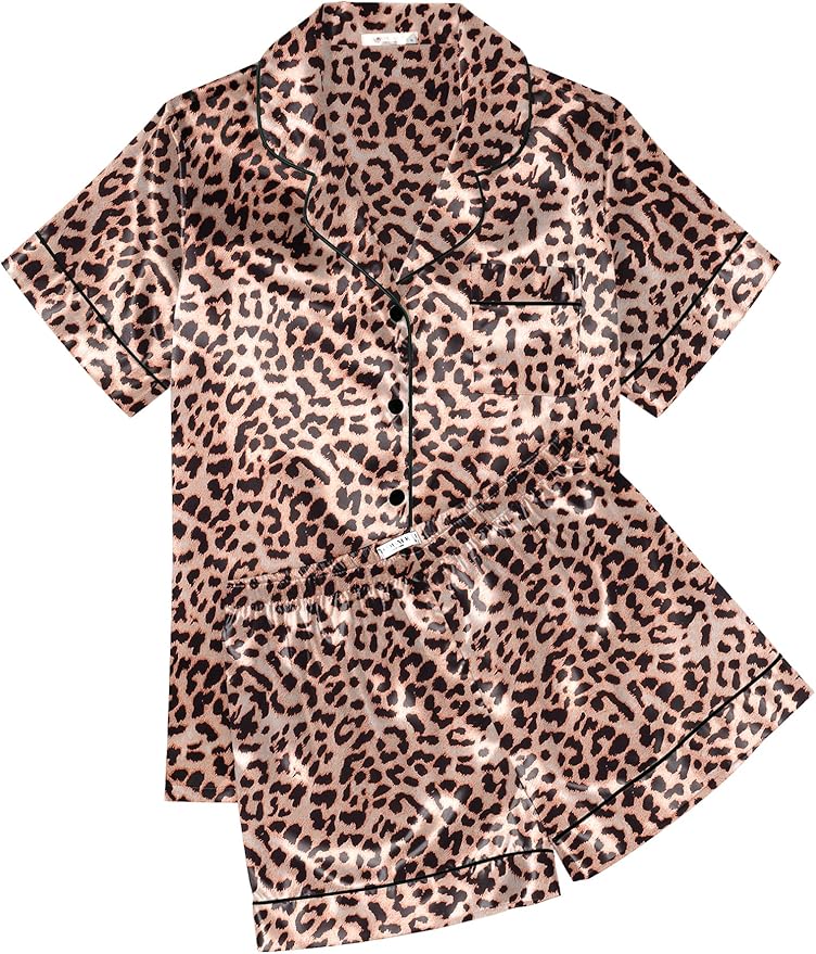 Ekouaer Womens Silk Satin Pajama Sets Soft Short Sleeve Button Down Sleepwear Top and Shorts 2 Piece Pjs Lounge Set