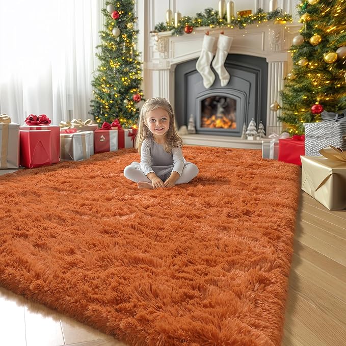 Amdrebio Burnt Orange Large Area Rugs 8x10 for Living Room Bedroom, Fluffy Fuzzy Shaggy Furry Rug for Kids Room Decor Aesthetic, Big Cute Plush Shag Dark Orange Carpet for Classroom Playroom Nursery