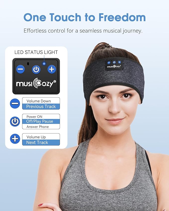MUSICOZY Sleep Headphones Bluetooth Mask, Eye Masks with Headband, Sleeping Headphones for Side Sleepers Headband and Sleep Mask with Bluetooth Headphone Perfect for Sleeping