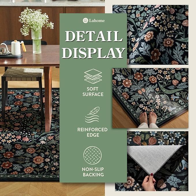 Lahome Claude Floral Bedroom Rugs, 6x9 Black Area Rugs for Living Room, Boho Thin Stain Resistant Carpet for Dining Room, Washable Area Rug Non Slip for Guestroom
