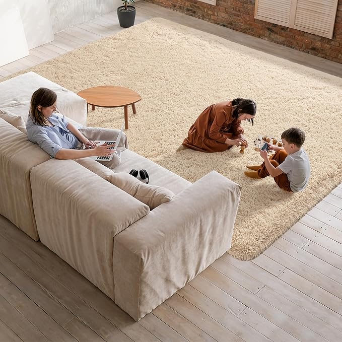 Softlife Beige Area Rug for Living Room, Fluffy Shag Plush 5.3x7.6 Rugs for Bedroom Girls, Shaggy Soft Fuzzy Kids Large Carpet for Dorm Bedside Ultra Cozy Non-Slip Indoor Decor