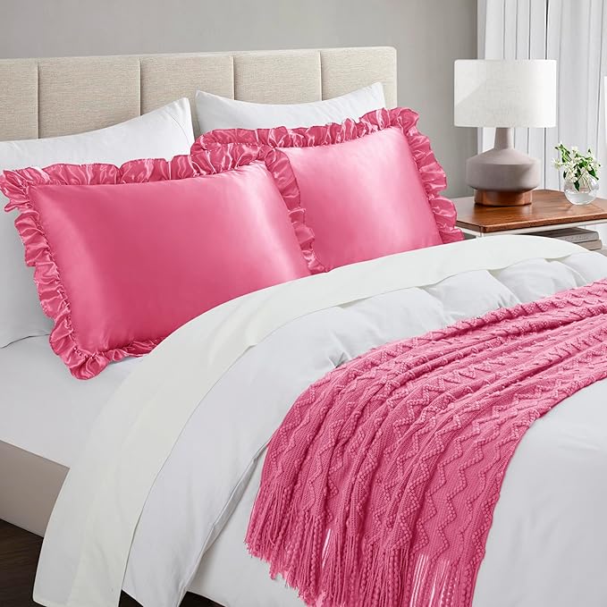 Silky Satin Ruffled Pillow Cases for Hair and Skin,Peach Red Silk Pillowcases King Set of 2 with Envelope Closure Princess Room
