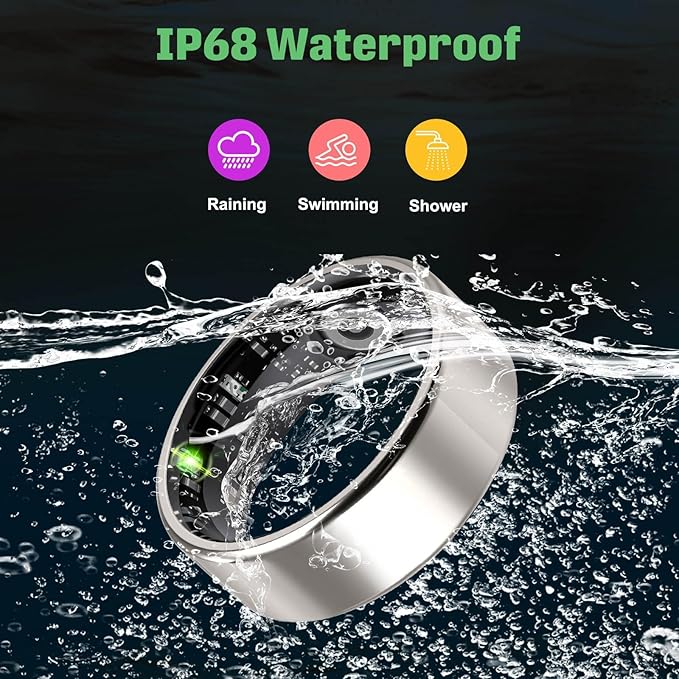FAHKNS Smart Health Ring for Women Men: Fitness Tracker Ring with Heart Rate,Blood Oxygen,Sleep Monitor,Stress,Steps Counter,IP68 Waterproof for iOS & Android,No APP Fees (Silver,8#)