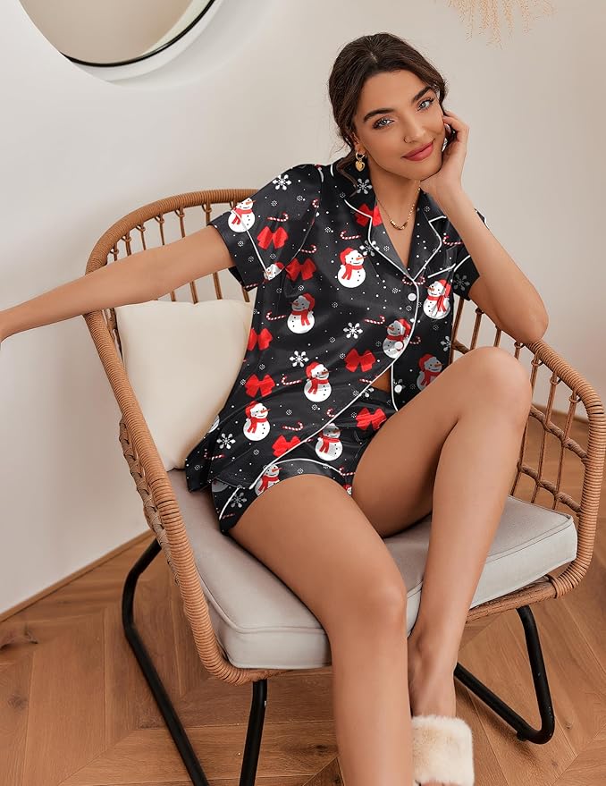 Ekouaer Silk Pajamas for Women Short Sleeve Sleepwear Soft Button Down Loungewear 2 Piece Satin Pjs Shorts Set