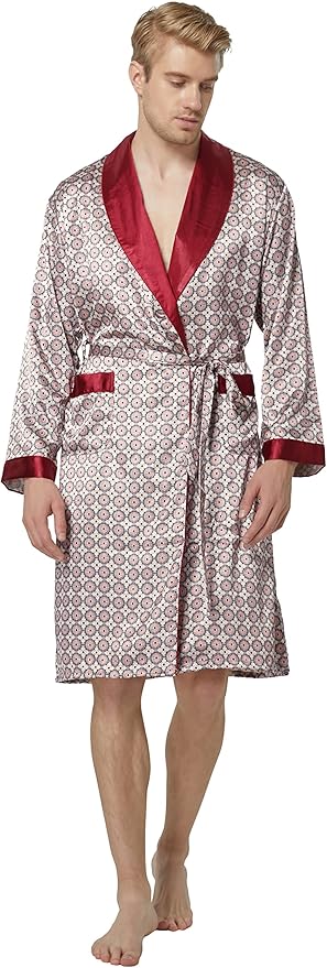 Tony & Candice Men's Satin Robe Lightweight Long Sleeve Silk Kimono Bathrobe with Shorts Set Sleepwear