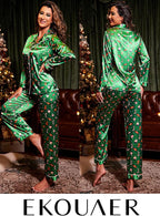 Ekouaer Women's Classic Button Down Long Satin Silk Pajama Set