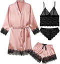 Womens 4 Pcs Lingeries Silk Pajamas Robes Set Sexy Pjs Cami Shorts Satin Sleepwear Lace Loungewear