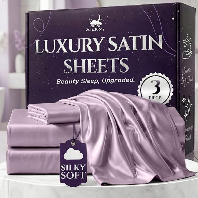SLEEP SANCTUARY Satin Sheets Twin Size – 3 Piece Luxury Silky Bed Set, Softer Than Silk, 15" Deep Pocket, Cooling & Wrinkle-Free, Moisture-Wicking & Breathable for Hair & Skin (Lavender)