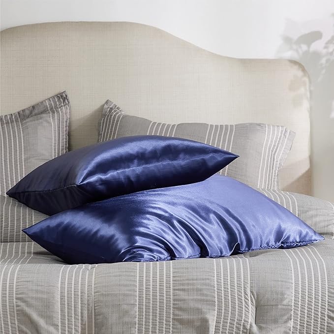 Bedsure Satin Pillowcase with Zipper, Similar to Silk Pillow Cases 2 Pack, Satin King Size Pillow Cases Set of 2, Silky & Soft Pillow Cover for Hair and Skin, Gifts for Women Men, Navy, 20x36 Inches