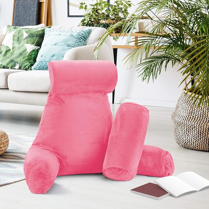Clara Clark Reading Pillow with Shredded Memory Foam Includes 2 Neck and Lumber Support Pillows, Designed for Sitting Up in Bed and Couch Back and Arms Adjustable Support for Adults & Teens Light Pink