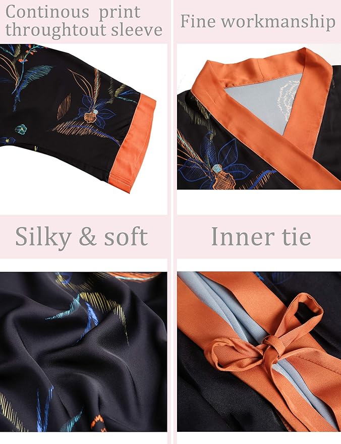 Aensso Long Soft Lightweight Silky Kimonos Robes for Women, Luxury Japanese Floral Womens Kimono Robe