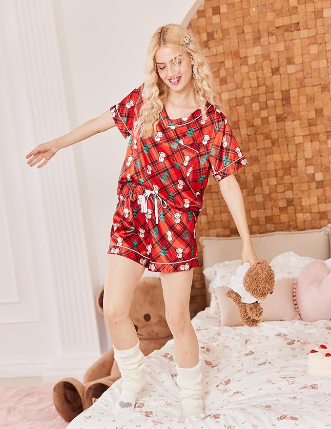 Ekouaer Silk Pajama for Women Short Sleeve Satin Pj Set Two Piece Soft Sleepwear Loungewear, S-XXL