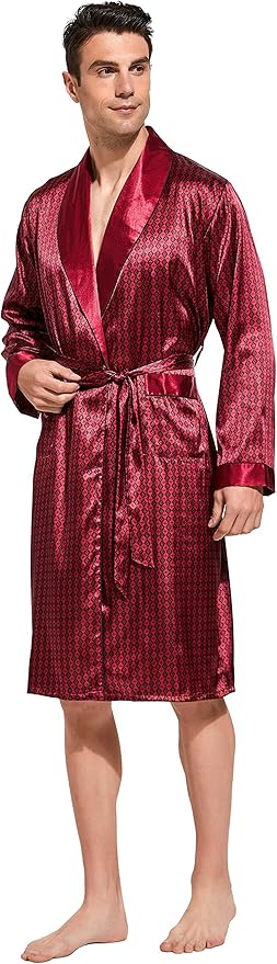 Tony & Candice Men's Satin Robe Lightweight Long Sleeve Silk Kimono Bathrobe with Shorts Set Sleepwear