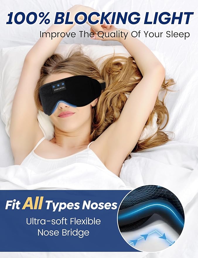 Sleep Mask with Bluetooth Headphones, 3D Adjustable Blackout Sleep Mask Headphones, Sleeping Headphones with Ultra-Thin Stereo Speakers for Meditation,Office,Travel