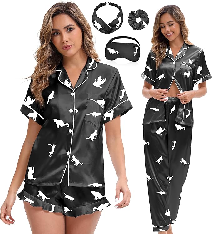 Silk Satin Pajama Set for Women 3-piece Short Sleeve Pajama with Pants Ruffle Shorts Cute Pj Set Button Down Sleepwear