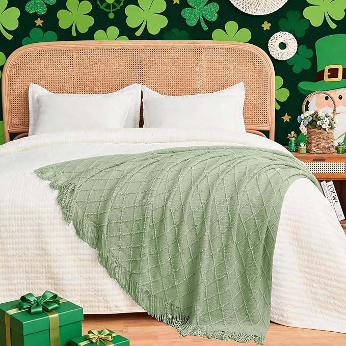 inhand Basil Green Knitted Throw Blanket for Couch and Bed, St. Patrick’s Day Lucky Spring Gifts Throw for Her or Him, Soft Farmhouse Woven Blanket with Tassel, Lightweight Decorative, 60"x80"