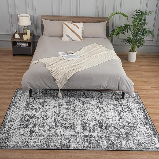 CRYPTOLITE Area Rugs for Living Room, 5x7 Washable Vintage Faux Wool Throw Bedroom Rug, Low Pile & Non-Slip Indoor Floor Carpet for Dining Room, Home Office, Kids Room, Bedside (Dark Grey)