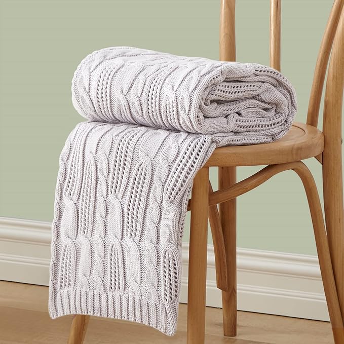Aormenzy Cable Knit Throw Blankets 60 x 80 Inches, Soft Cozy and Lightweight Knitted Blanket, Machine Washable Acrylic Blanket, Decorative Throw Blanket for Couch Sofa Bed, Light Grey Purple