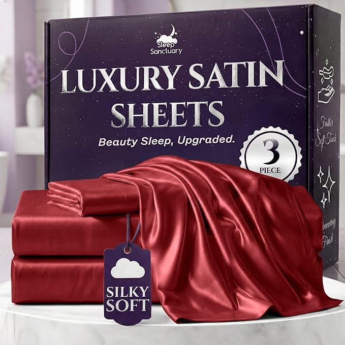 SLEEP SANCTUARY Satin Sheets Twin Size – 3 Piece Luxury Silky Bed Set, Softer Than Silk, 15" Deep Pocket, Cooling & Wrinkle-Free, Moisture-Wicking & Breathable for Hair & Skin (Red)