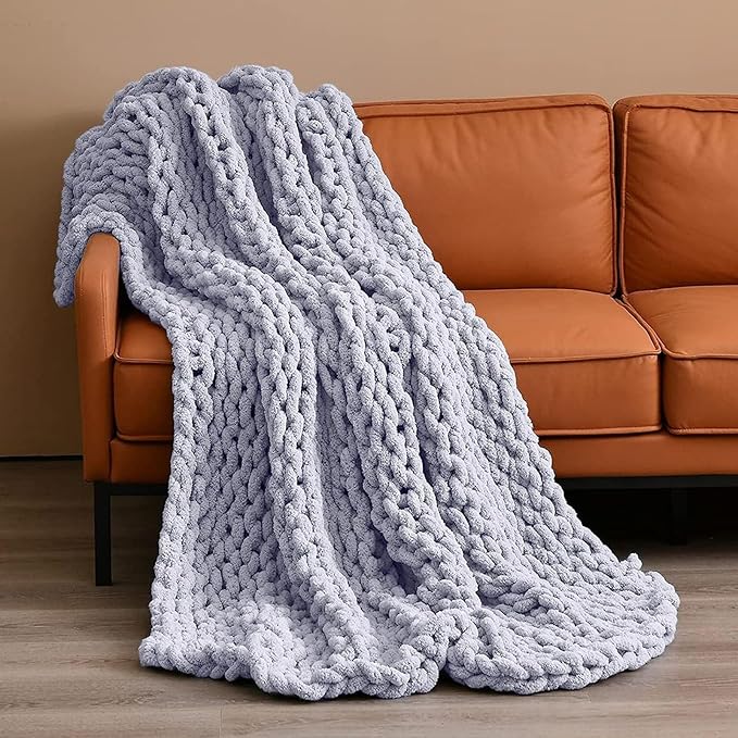 Wttfc Chunky Knit Throw Blanket, Handmade Soft Chenille Yarn Throw Blanket, Thick Cable Knitted Blankets, Large Rope Knot Crochet Blankets for Couch Sofa Bed Home Decor,Gray,100x200cm