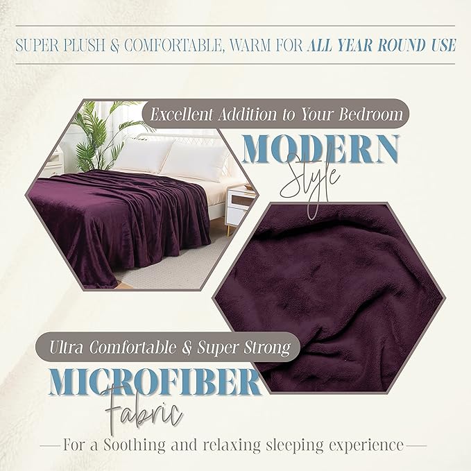 Elegant Comfort Luxury Velvety Feel Blanket, All-Season Lightweight Blanket, Ultra Plush, Soft, Cozy-Fuzzy Flannel Fleece for Couch, Sofa, Bed, Travel, Solid Design, Twin/Twin XL, Purple