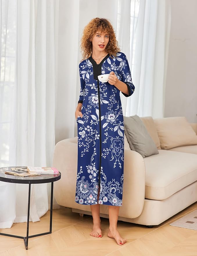 Ekouaer Women's Zipper Robe 3/4 Sleeves Housecoat Full Length Nightgown Soft Loungewear Robe with Pockets S-3XL