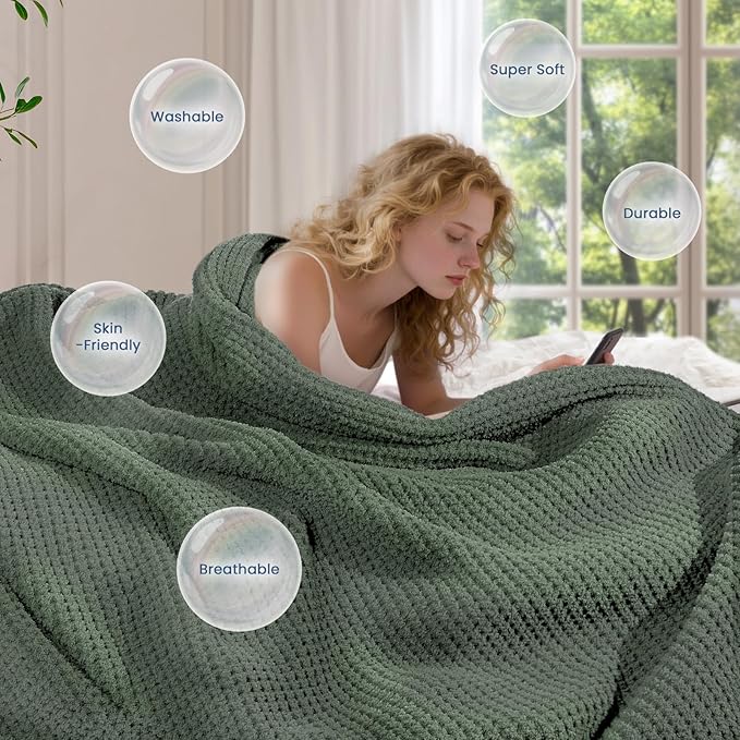 Waffle Knit Blanket Twin Size, Luxury Cozy Chunky Knit Twin Blanket for Couch, 60 x 80 Inch Thick Ultra-Soft Feather Yarn Knitted Blankets for Sofa, Bed, Home Decor - Sage