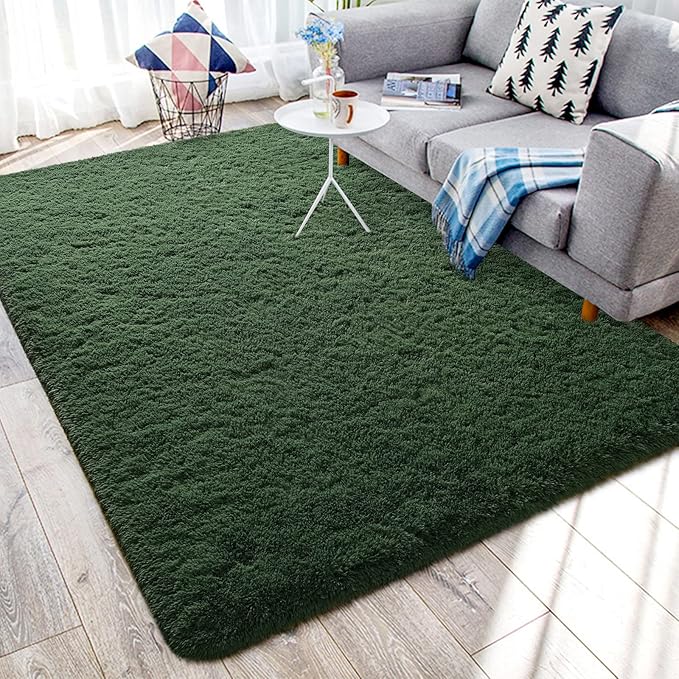 Deep Green Area Rugs 5x8 Feet Rug for Bedroom Living Room, Cute Indoor Shaggy Carpets, Plush Soft Rug for Kids Room, Fluffy Rugs for Girls Boys Nursery Room Home Decor