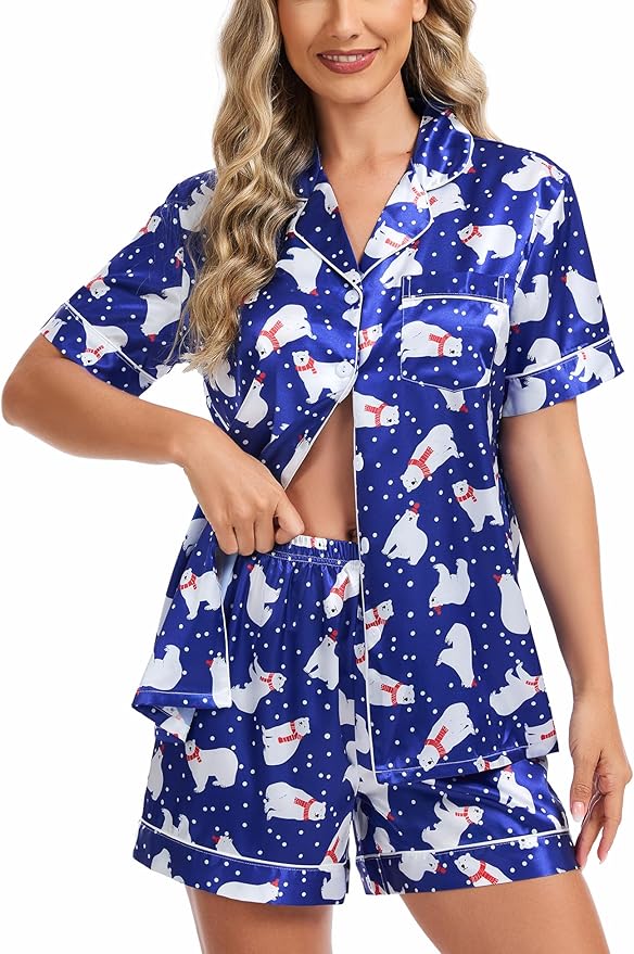 SWOMOG Womens Silk Satin Pajamas Set Short Sleeve Sleepwear Button Down Top and Shorts Loungewear 2 Piece Pjs Set XS-3XL