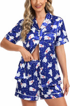 SWOMOG Womens Silk Satin Pajamas Set Short Sleeve Sleepwear Button Down Top and Shorts Loungewear 2 Piece Pjs Set XS-3XL